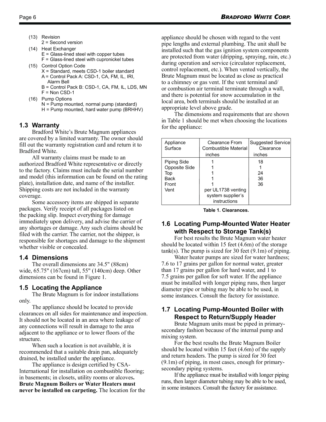 Bradford-White Corp BRHHV, BRHHH warranty Warranty, Dimensions, Locating the Appliance 