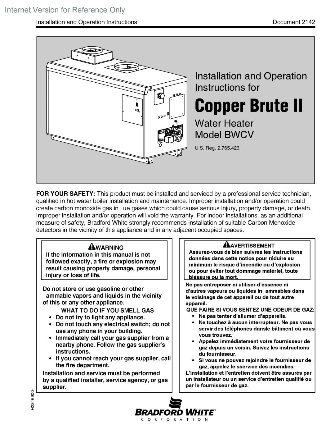 Bradford-White Corp warranty Internet Version for Reference Only, Copper Brute, Water Heater Model BWCV, Bradford White 