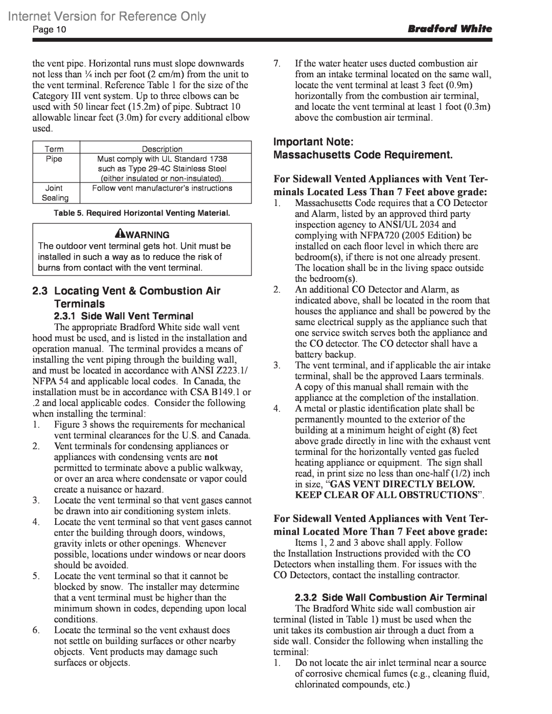 Bradford-White Corp BWCV warranty Locating Vent & Combustion Air Terminals, Important Note Massachusetts Code Requirement 