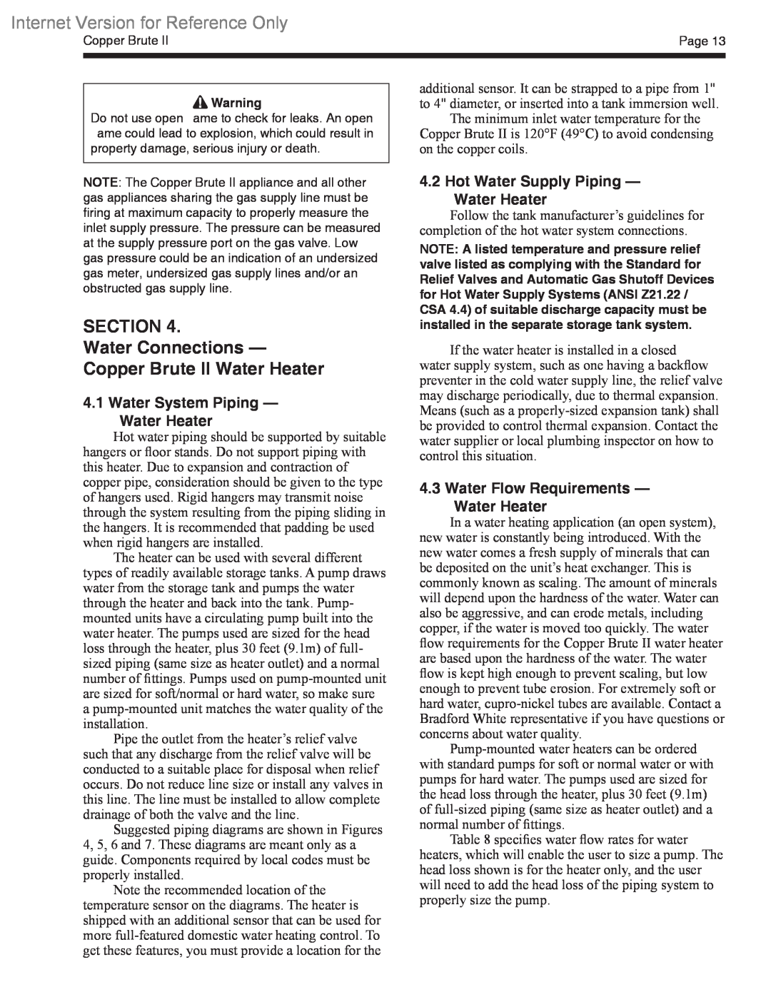 Bradford-White Corp BWCV warranty SECTION Water Connections Copper Brute II Water Heater, Water System Piping Water Heater 