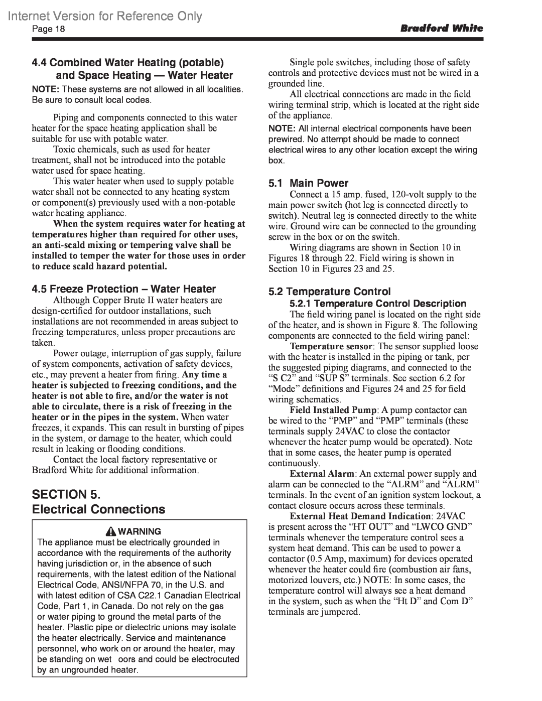 Bradford-White Corp BWCV SECTION Electrical Connections, Combined Water Heating potable and Space Heating - Water Heater 