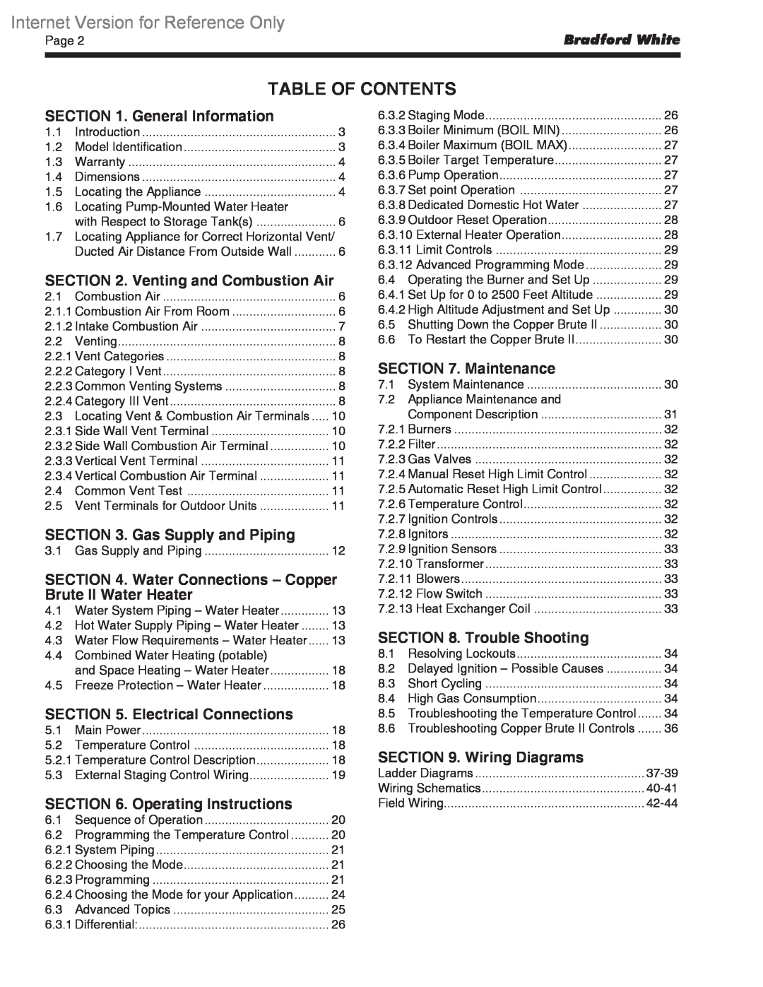 Bradford-White Corp BWCV warranty Table Of Contents, General Information, Venting and Combustion Air, Gas Supply and Piping 