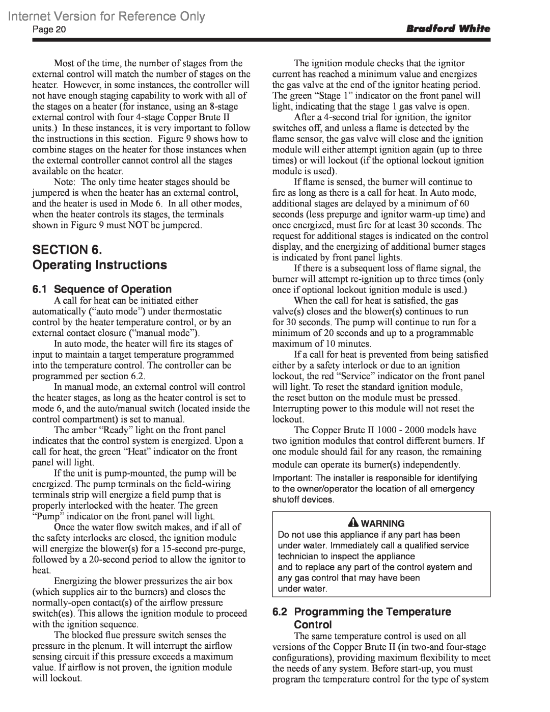 Bradford-White Corp BWCV SECTION Operating Instructions, Sequence of Operation, Programming the Temperature Control 