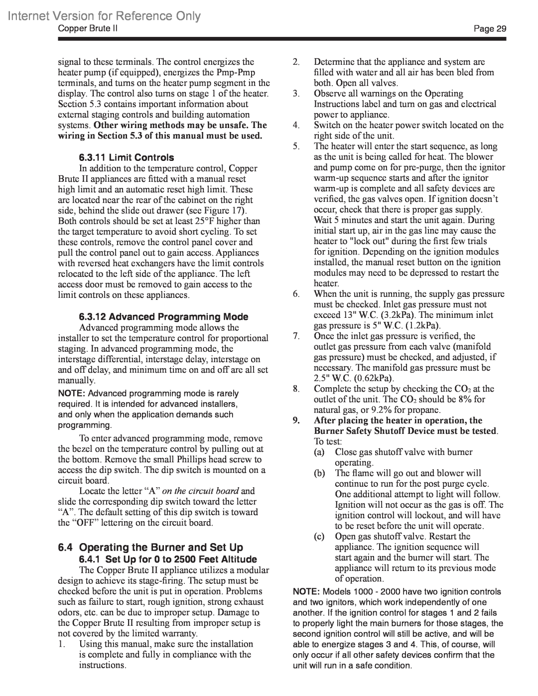 Bradford-White Corp BWCV warranty Operating the Burner and Set Up, Internet Version for Reference Only, Limit Controls 