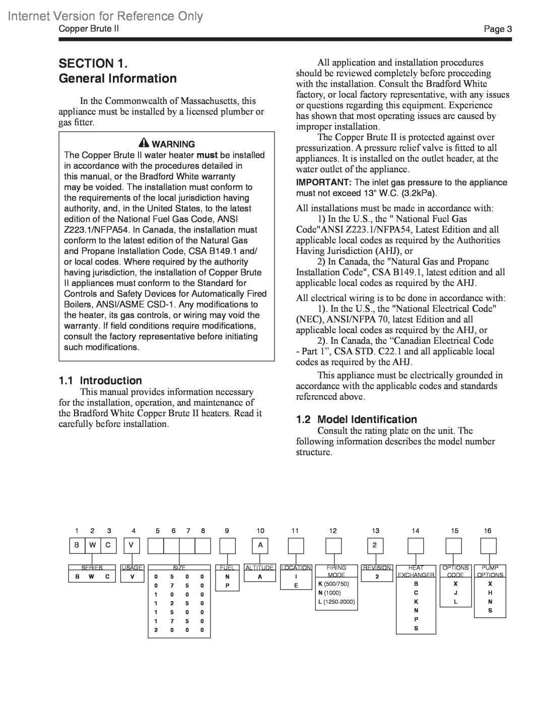 Bradford-White Corp BWCV warranty SECTION General Information, Introduction, Model Identification 