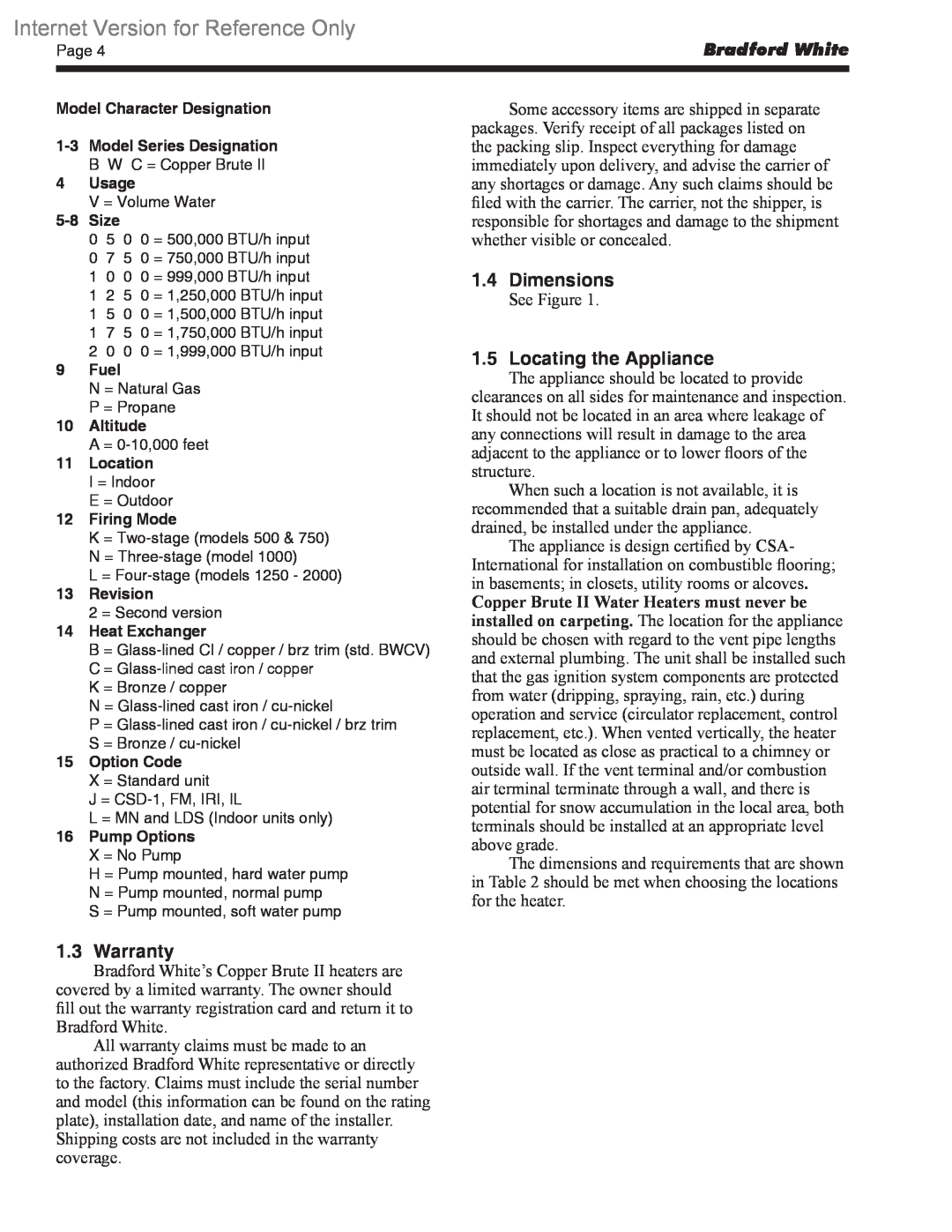 Bradford-White Corp BWCV Dimensions, Locating the Appliance, Warranty, Internet Version for Reference Only, Bradford White 