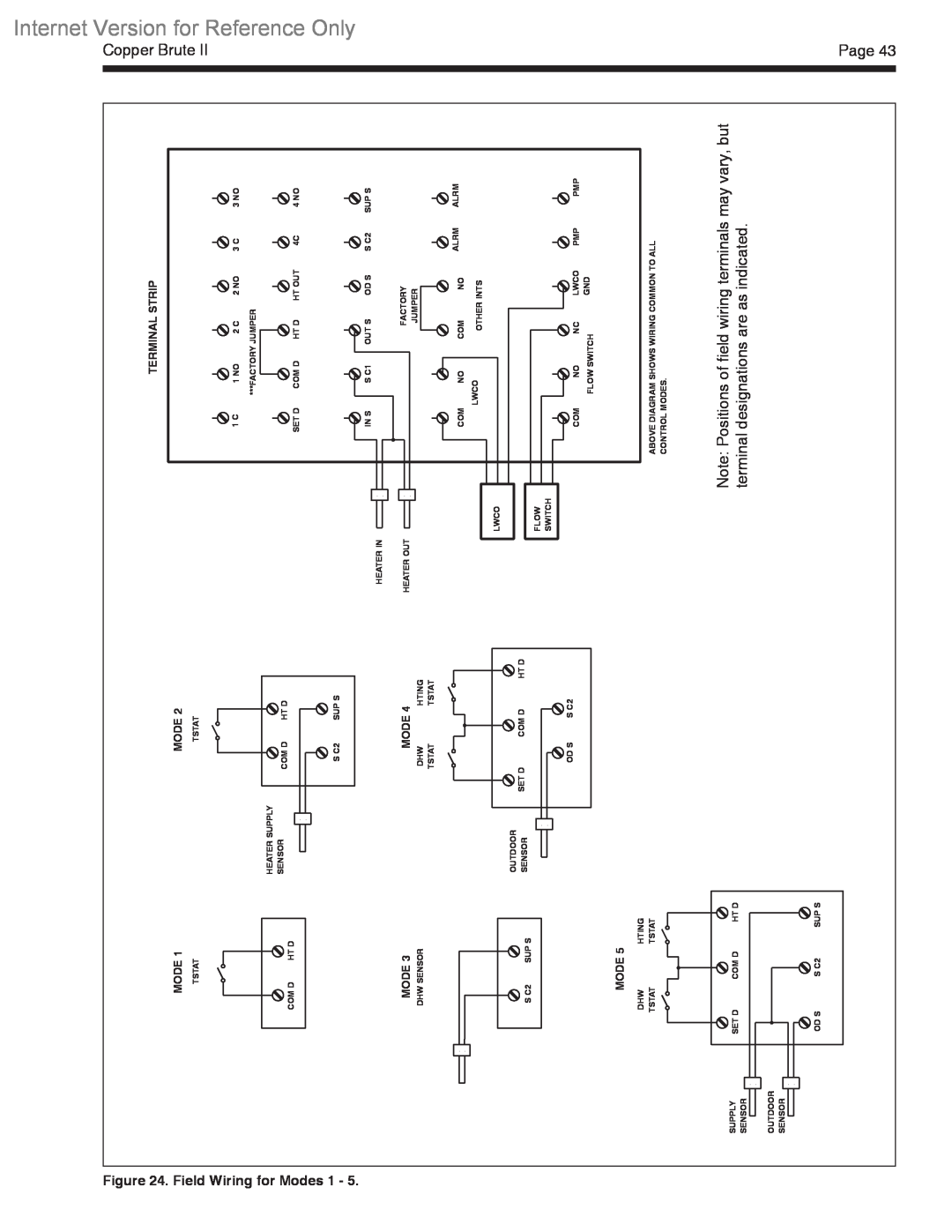 Bradford-White Corp BWCV warranty Reference Only, Page, Field, Wiring for Modes 1, Terminal Strip, Internet Version for 