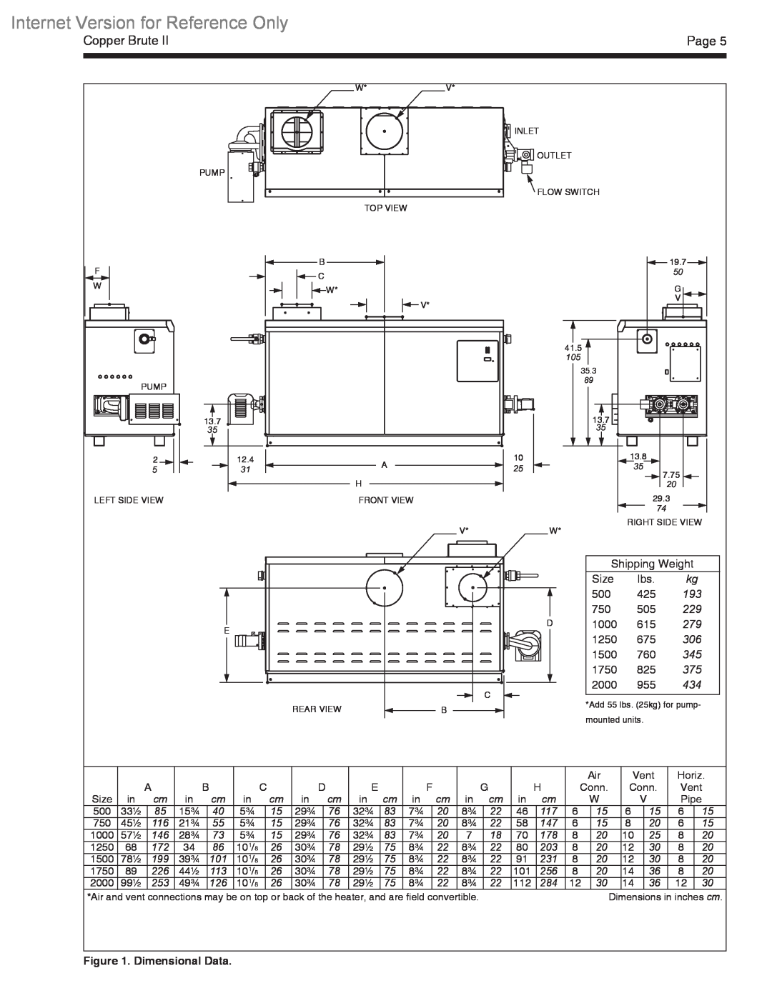 Bradford-White Corp BWCV warranty Internet Version for Reference Only, Copper Brute, Page, Dimensional Data 