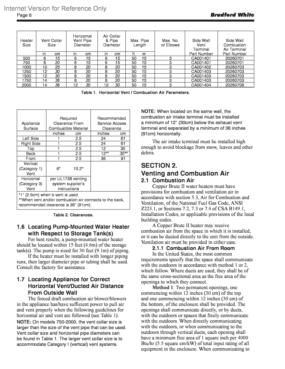 Bradford-White Corp BWCV SECTION Venting and Combustion Air, From Outside Wall, Internet Version for Reference Only 