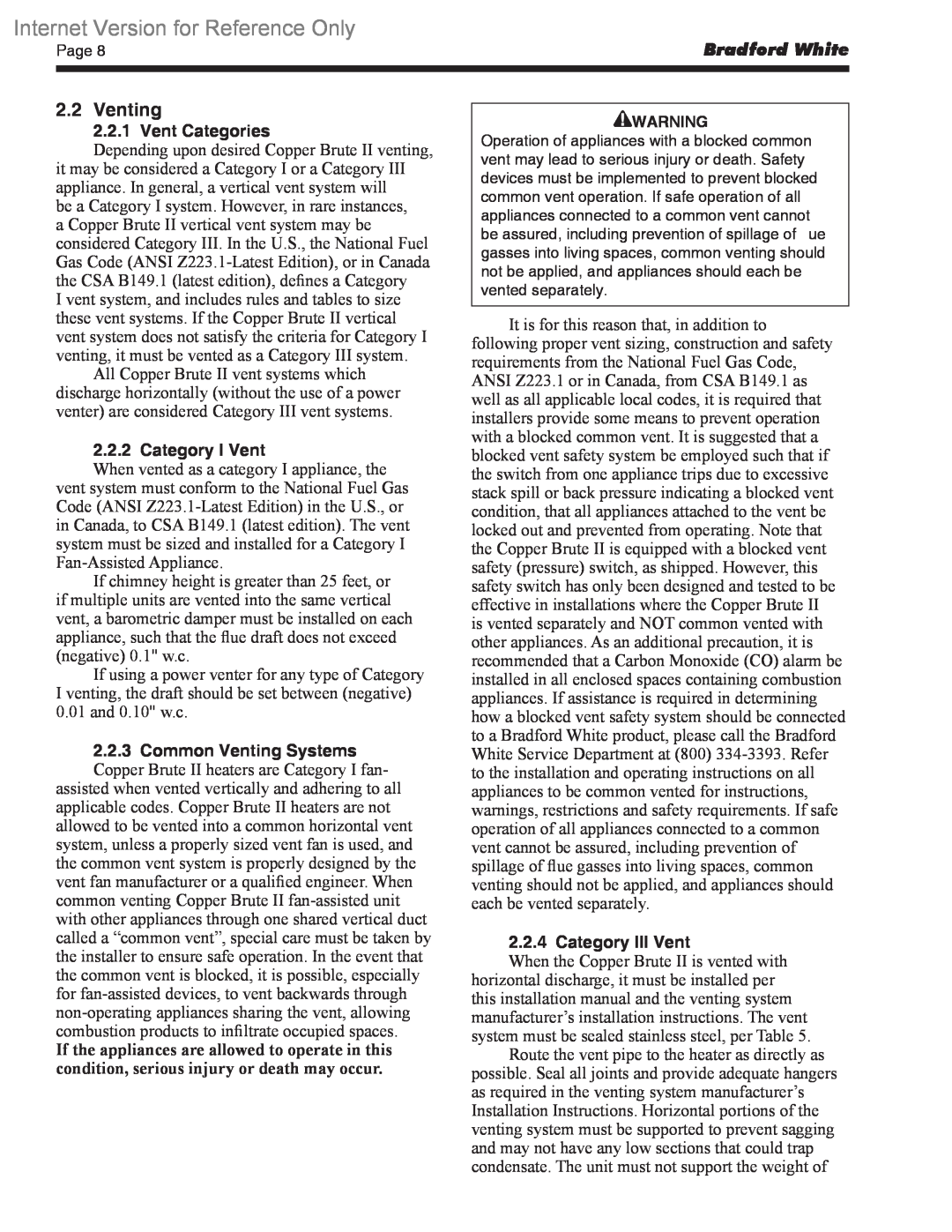 Bradford-White Corp BWCV Venting, Internet Version for Reference Only, Bradford White, Vent Categories, Category I Vent 