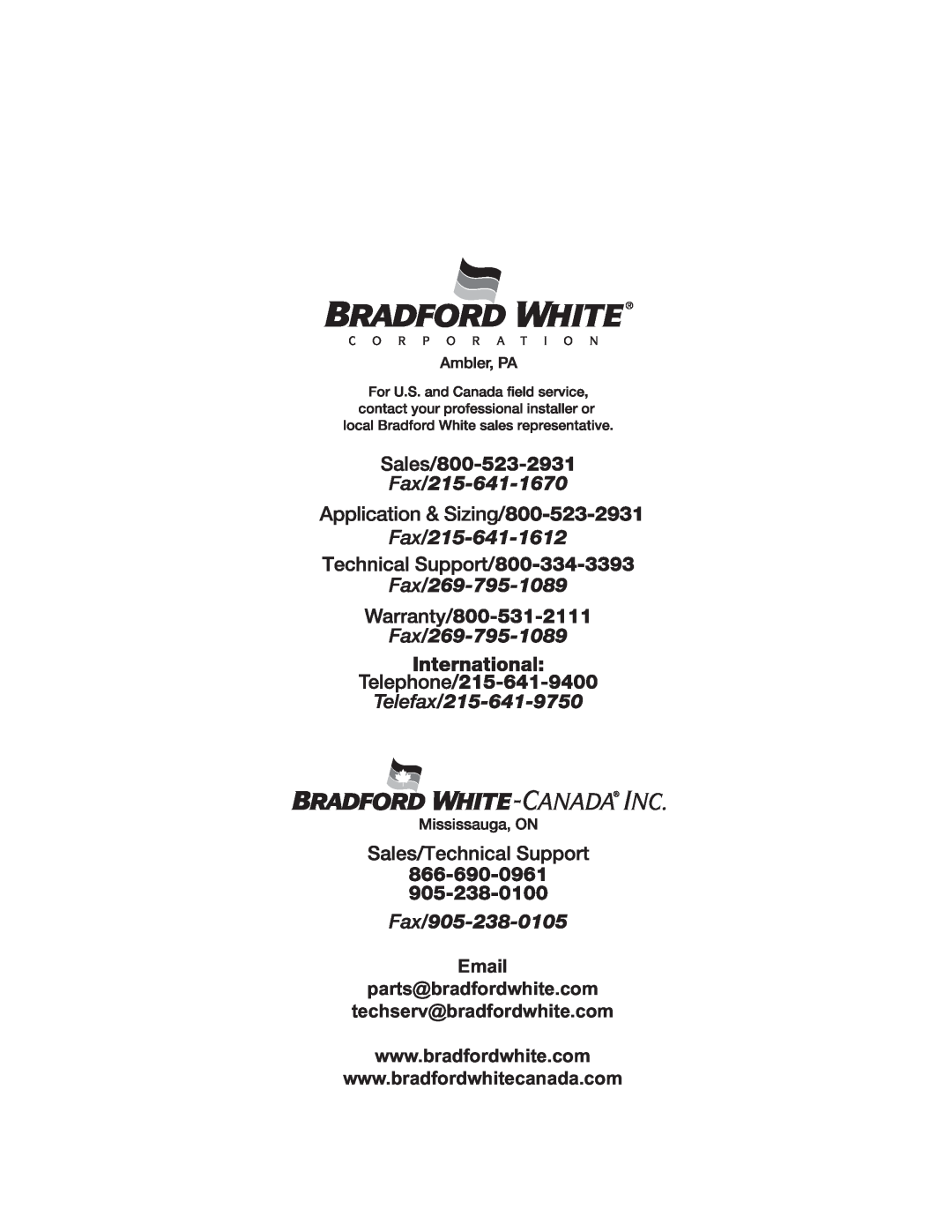 Bradford-White Corp CDW2TW Series specifications Application & Sizing/800-523-2931, Fax/215-641-1612 