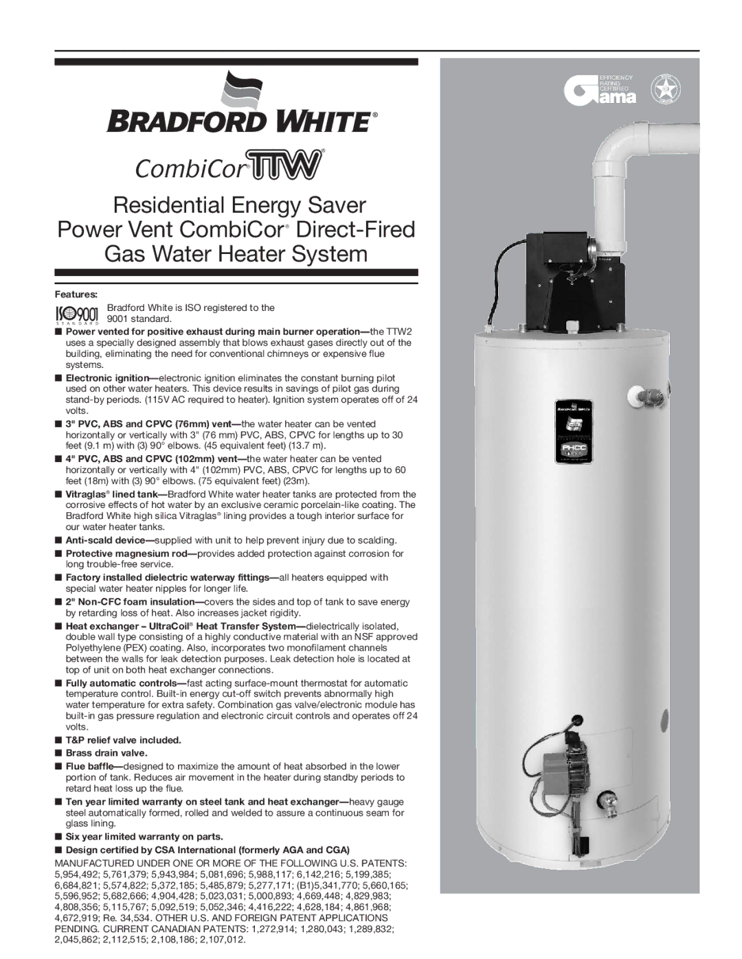 Bradford-White Corp CombiCor TTW warranty Features, Relief valve included Brass drain valve 