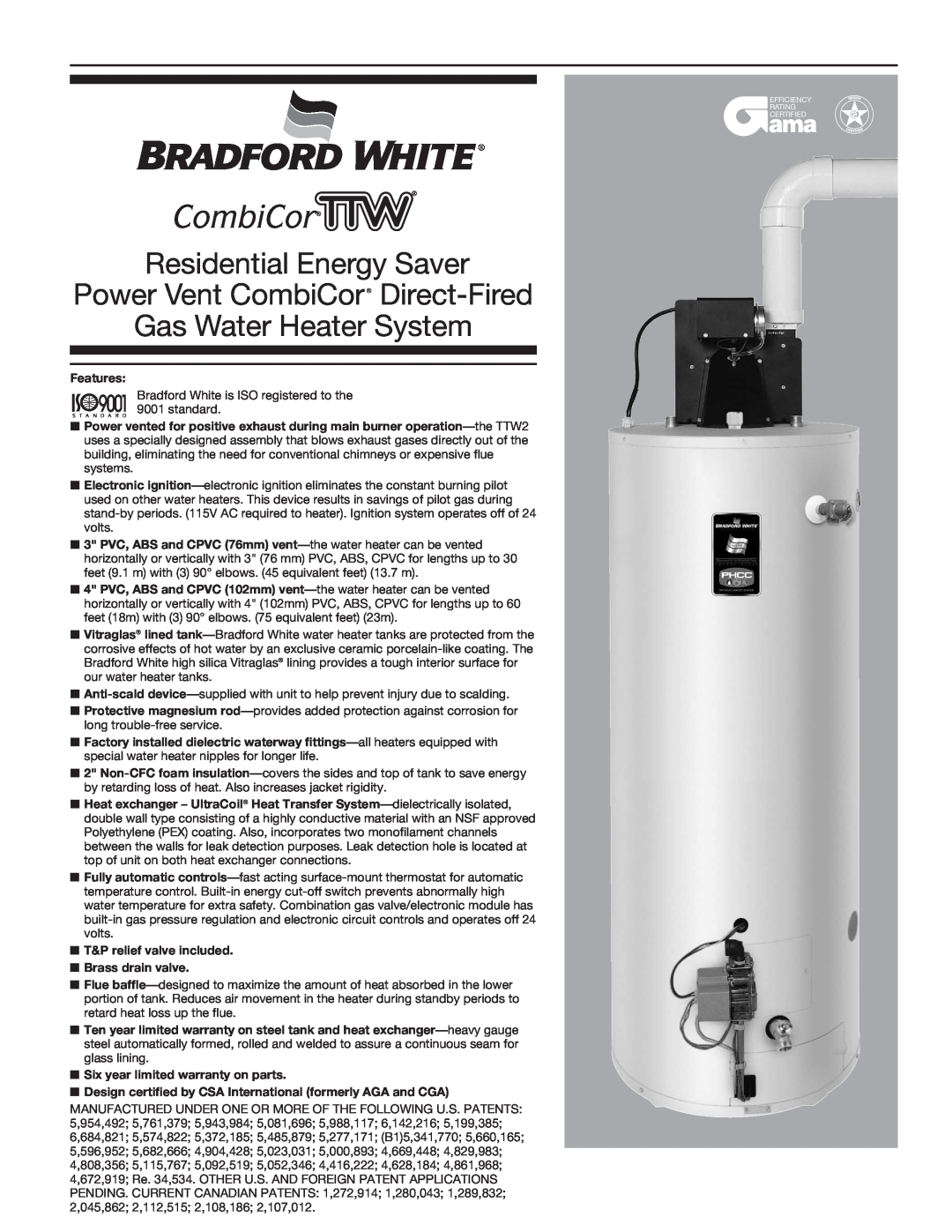 Bradford-White Corp CombiCor TTW warranty Residential Energy Saver Power Vent CombiCor Direct-Fired 