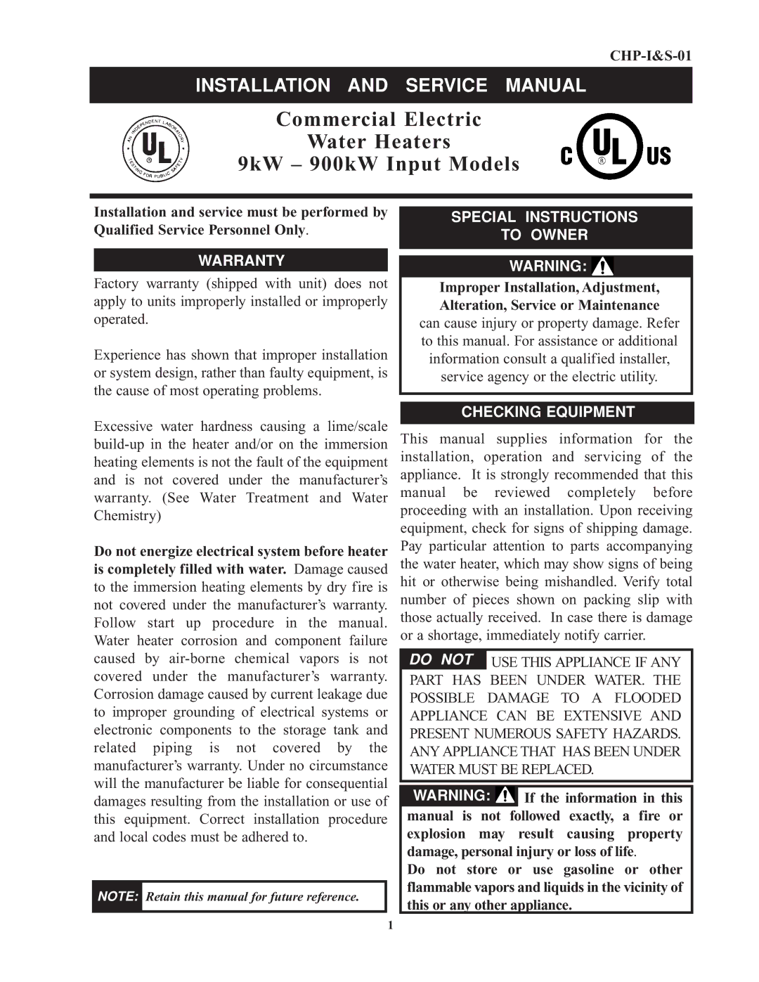 Bradford-White Corp 9kW, 900kW service manual CHP-I&S-01, Warranty, Special Instructions To Owner, Checking Equipment 