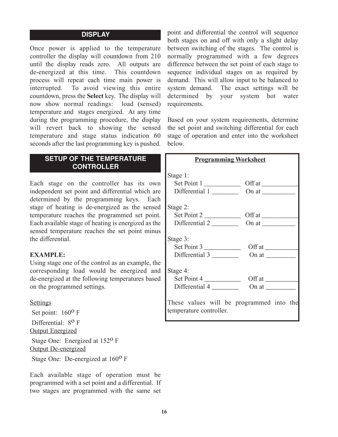 Bradford-White Corp 9kW, 900kW service manual Display, Setup of the Temperature Controller, Programming Worksheet 