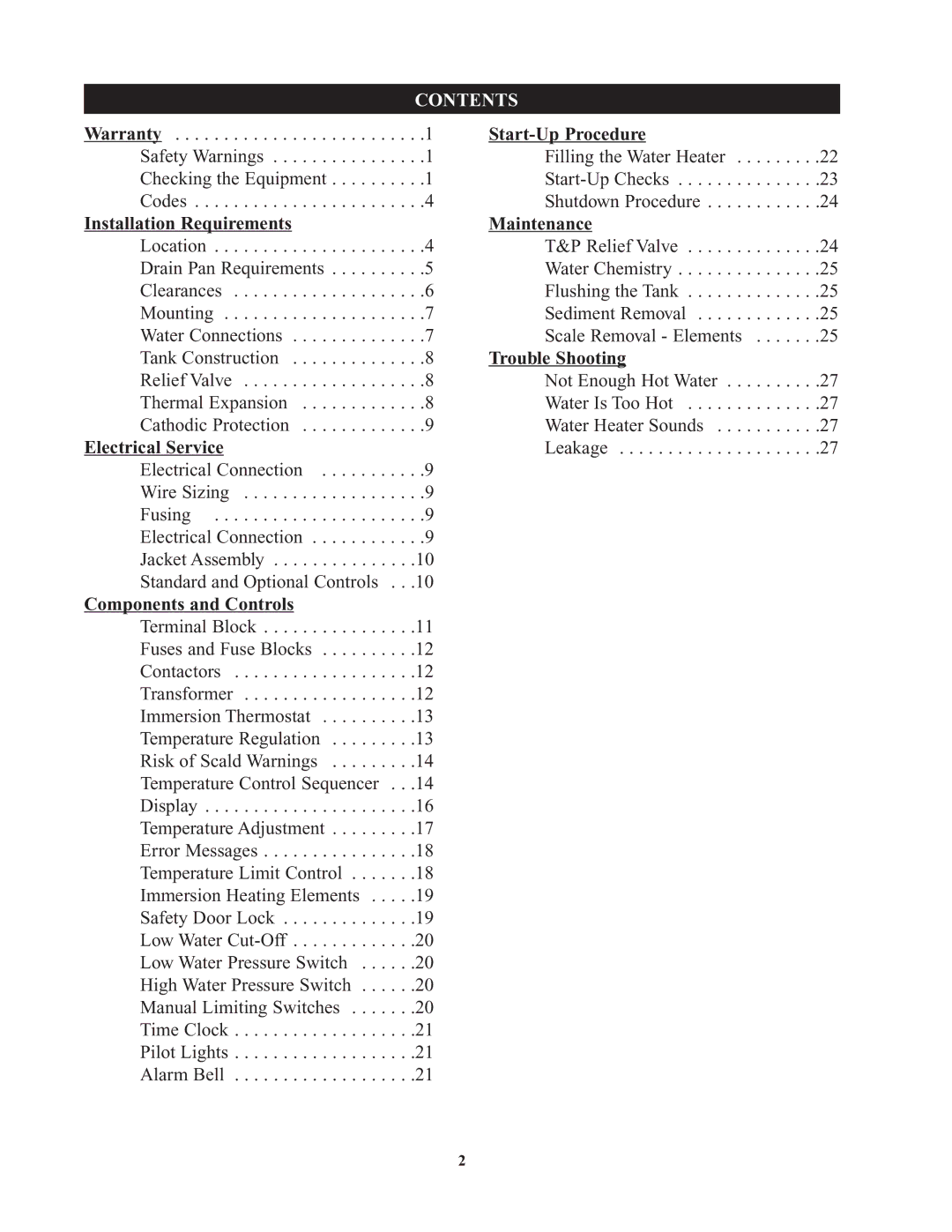 Bradford-White Corp Commercial Electric Water Heaters, 900kW, 9kW service manual Contents 