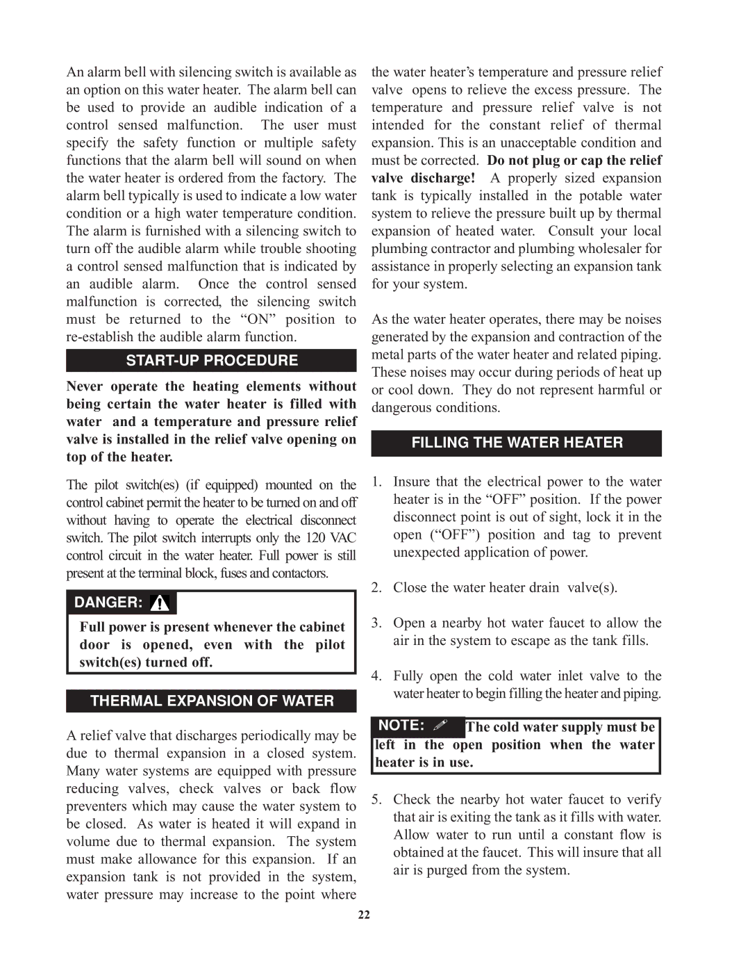 Bradford-White Corp 9kW, 900kW, Commercial Electric Water Heaters service manual START-UP Procedure, Filling the Water Heater 