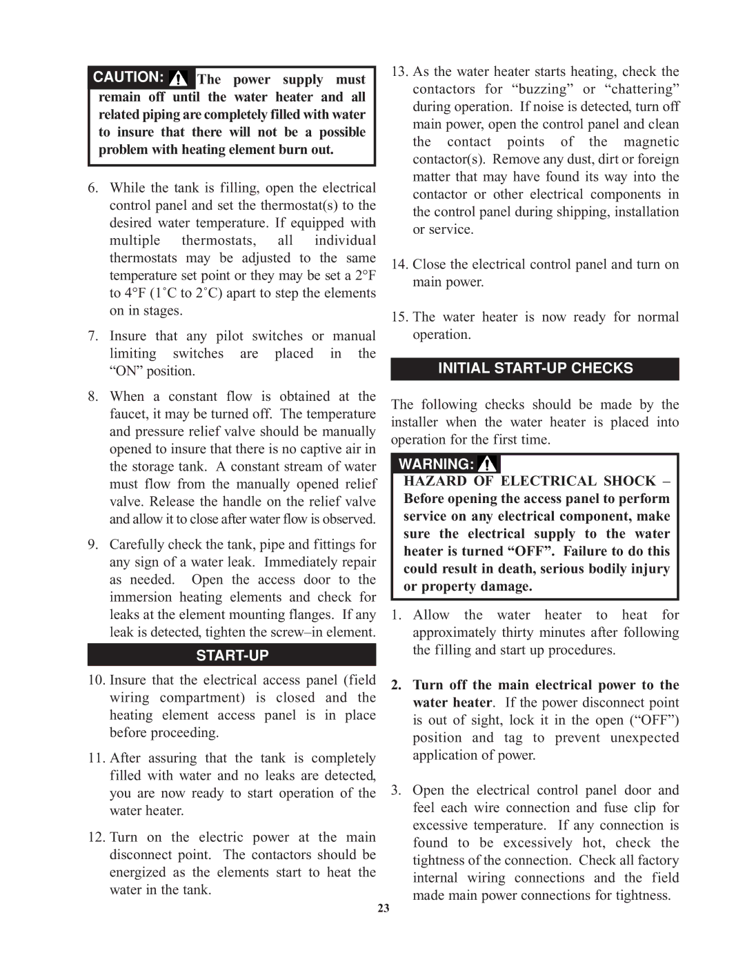 Bradford-White Corp Commercial Electric Water Heaters, 900kW, 9kW service manual Start-Up, Initial START-UP Checks 