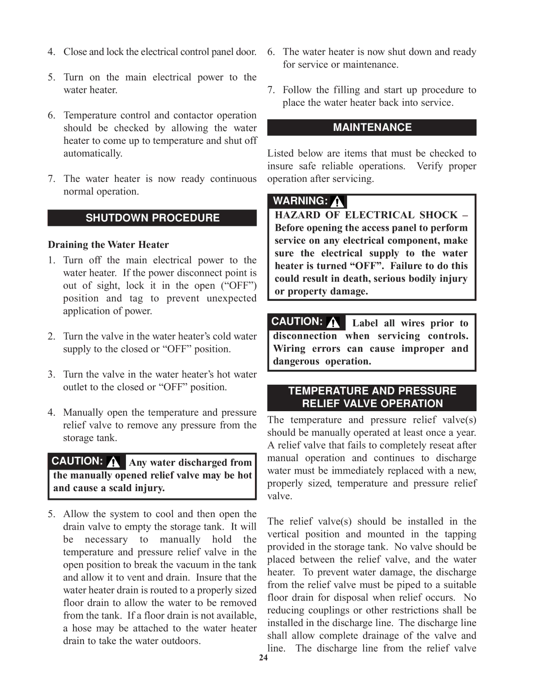 Bradford-White Corp 900kW, 9kW Shutdown Procedure, Draining the Water Heater, Cause a scald injury, Maintenance 
