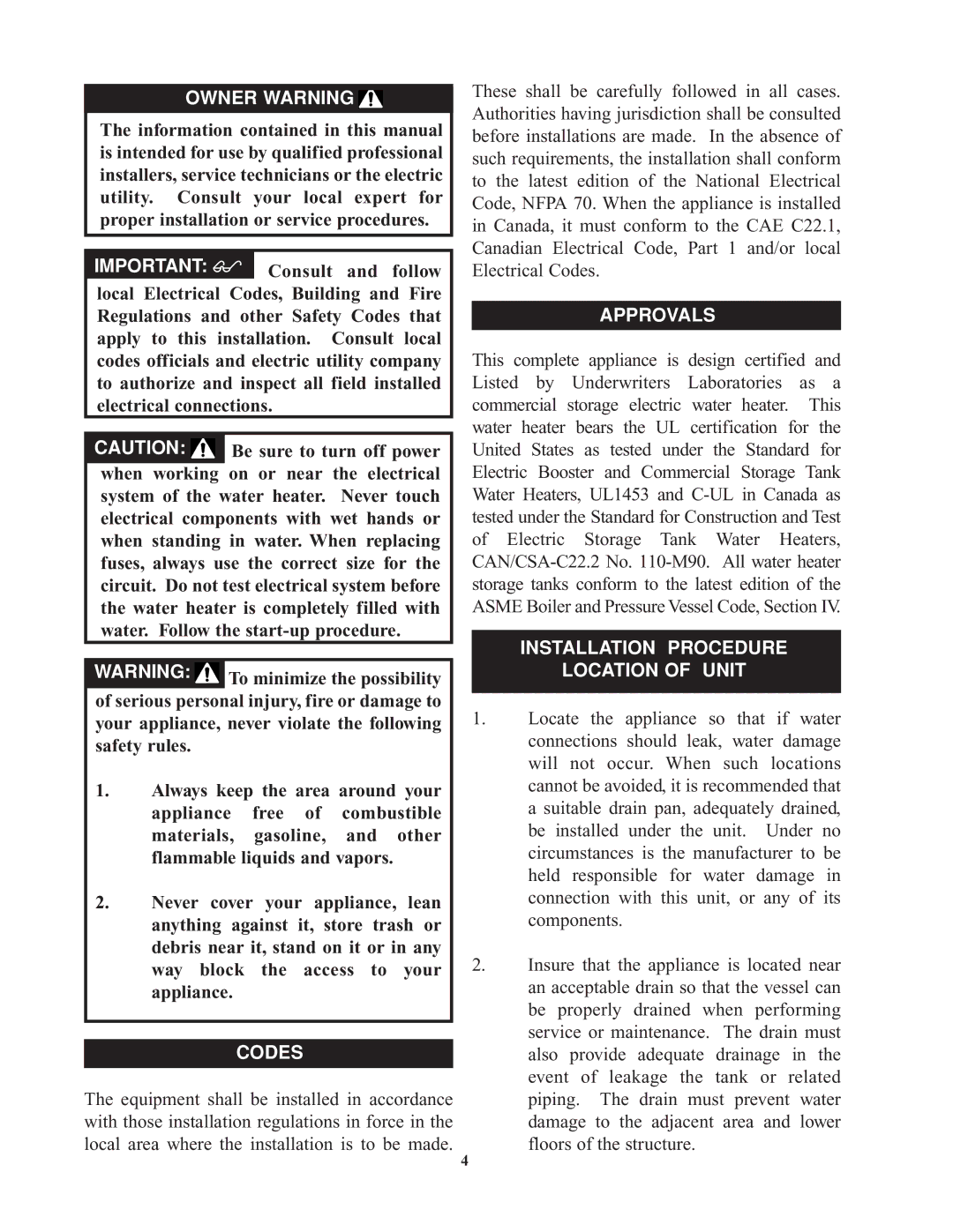 Bradford-White Corp 9kW, 900kW service manual Owner Warning, Codes, Approvals, Installation Procedure Location of Unit 