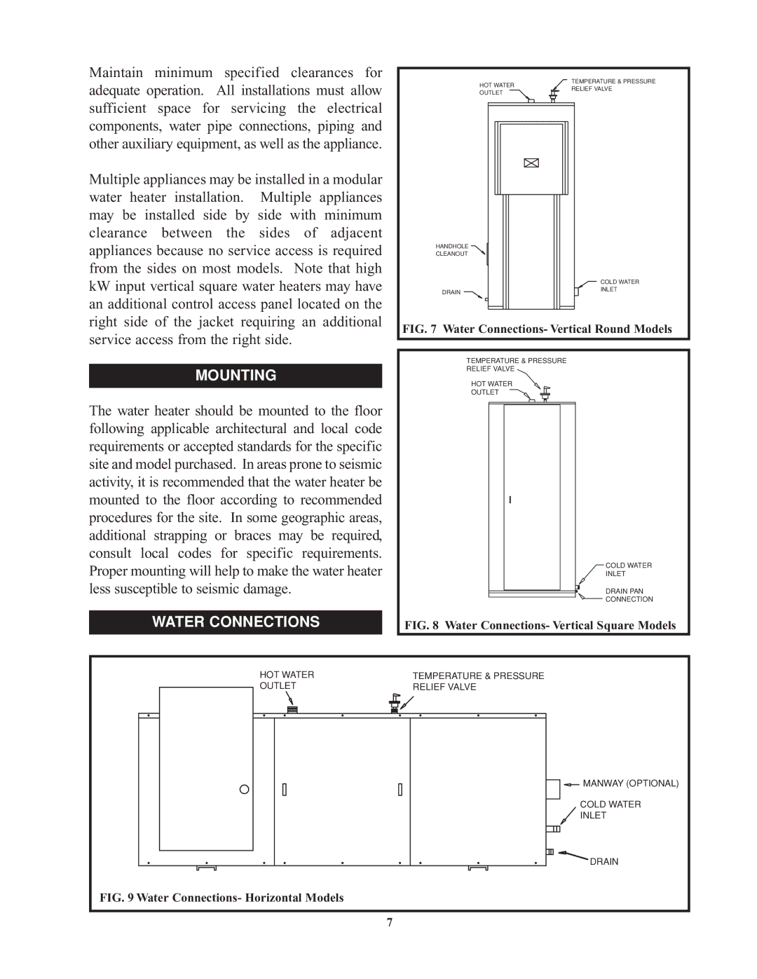 Bradford-White Corp 9kW, 900kW, Commercial Electric Water Heaters service manual Mounting, Water Connections 