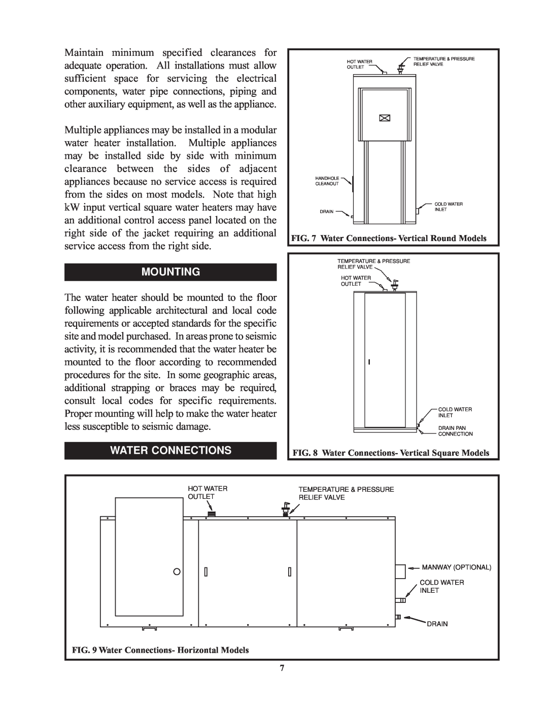 Bradford-White Corp 9kW, 900kW, Commercial Electric Water Heaters service manual Mounting, Water Connections 