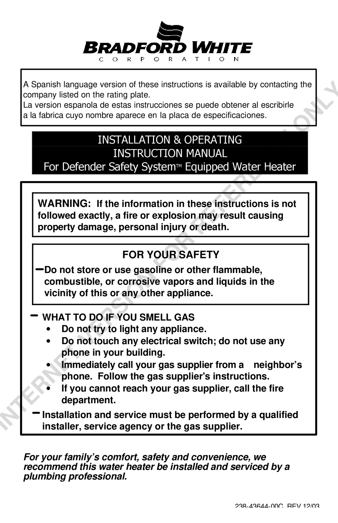 Bradford-White Corp Convection Heater instruction manual For Your Safety, What to do if YOU Smell GAS 