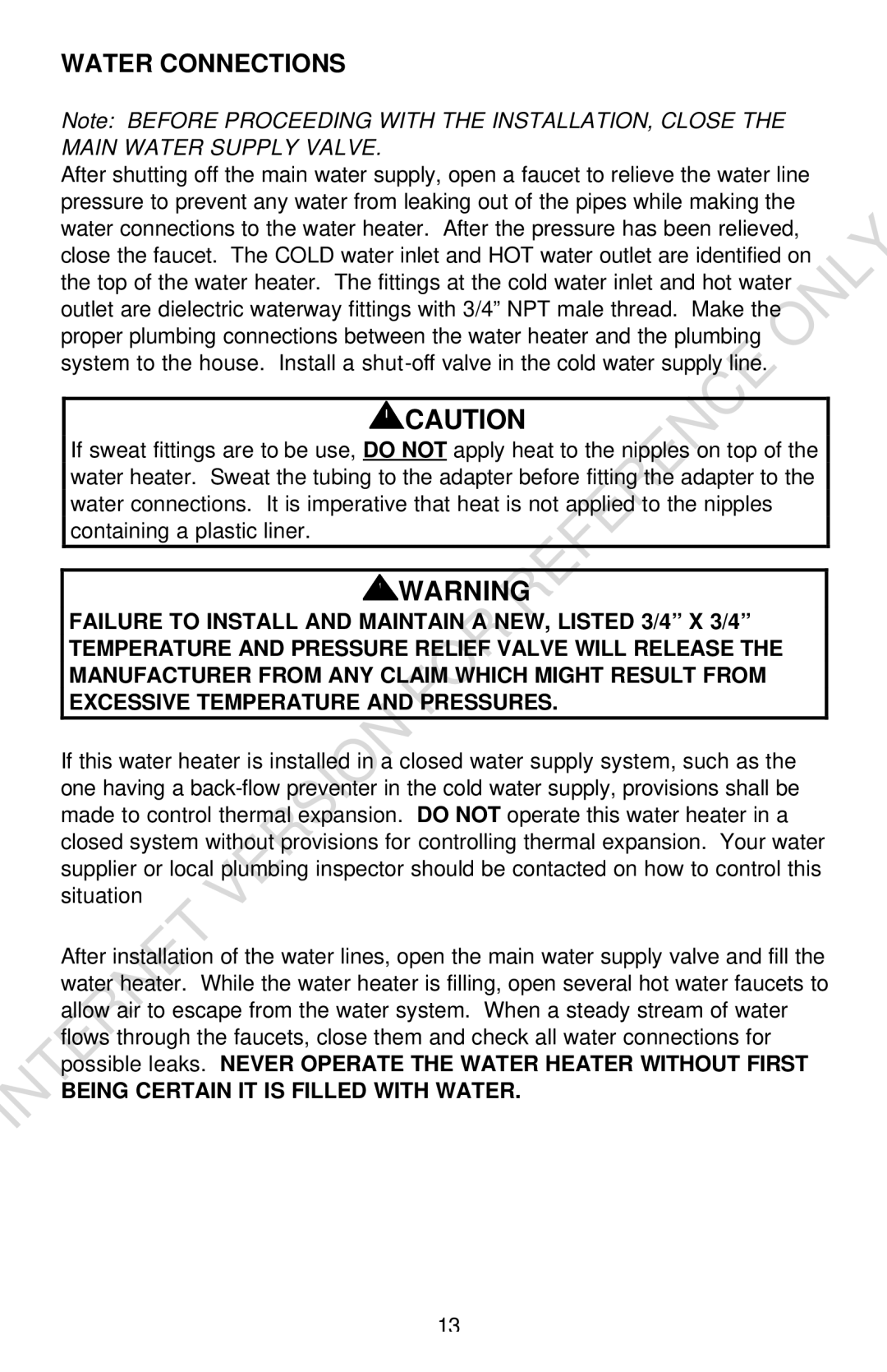 Bradford-White Corp Convection Heater instruction manual Water Connections, Being Certain IT is Filled with Water 