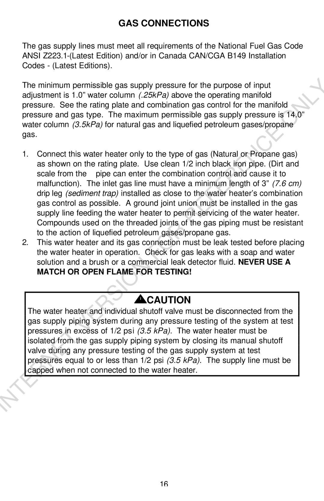 Bradford-White Corp Convection Heater instruction manual GAS Connections, Match or Open Flame for Testing 