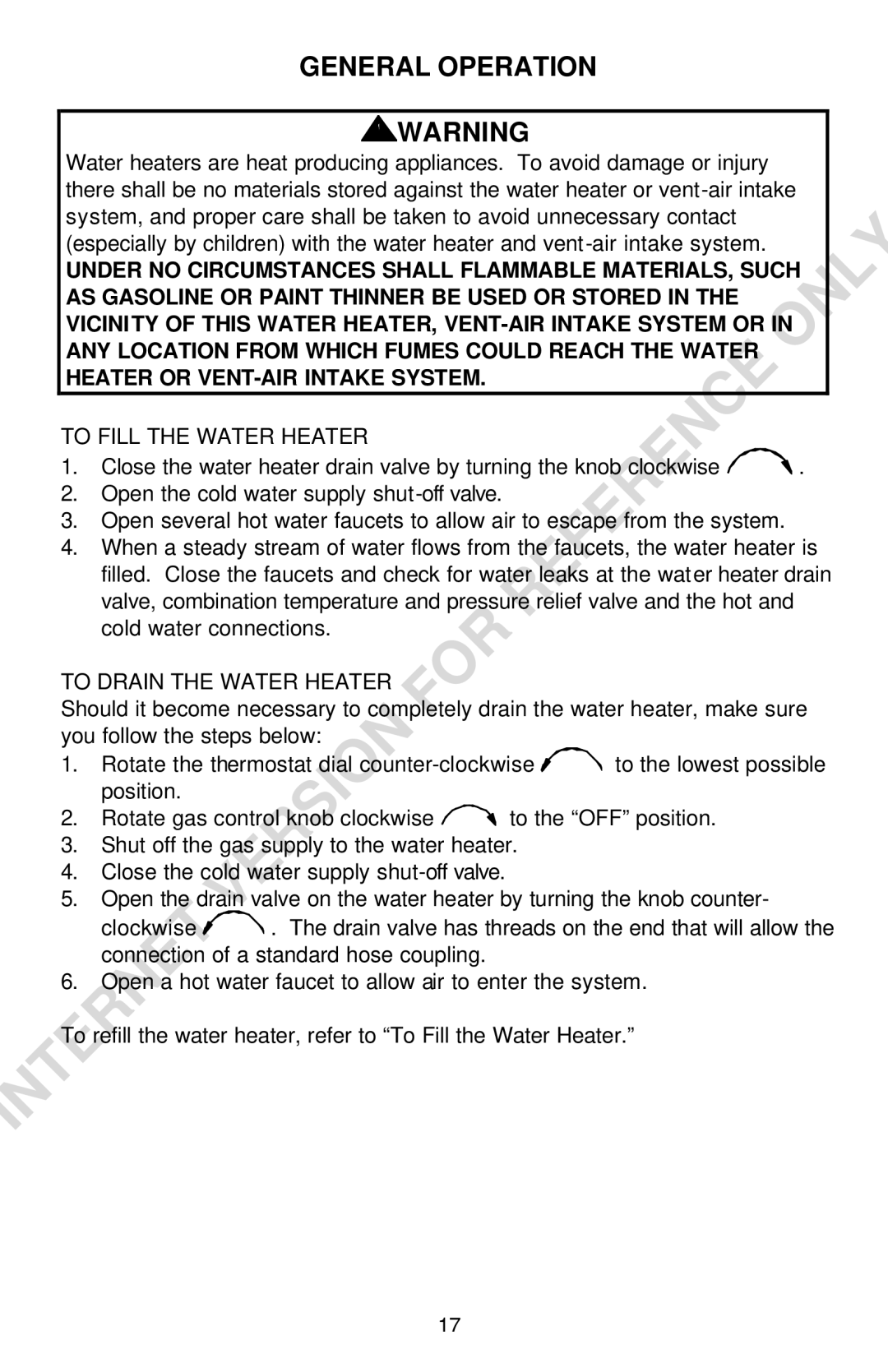 Bradford-White Corp Convection Heater instruction manual General Operation, To Fill the Water Heater 