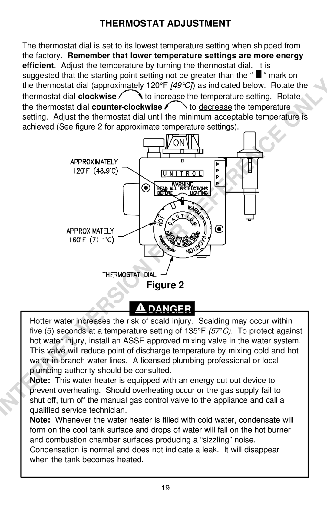 Bradford-White Corp Convection Heater instruction manual Thermostat Adjustment 