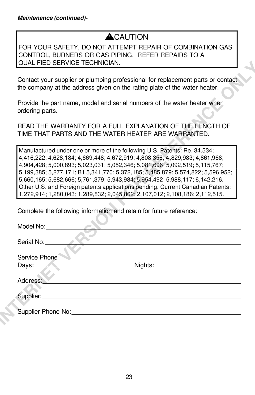 Bradford-White Corp Convection Heater instruction manual Maintenance 