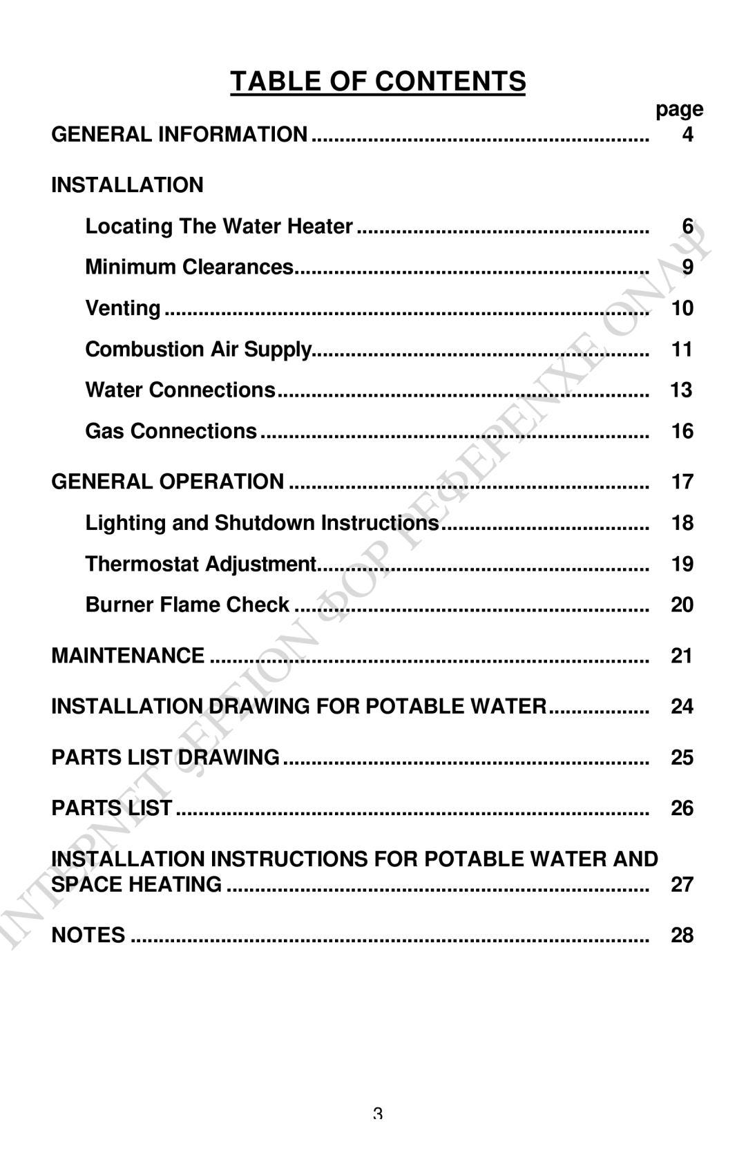 Bradford-White Corp Convection Heater instruction manual Table of Contents 