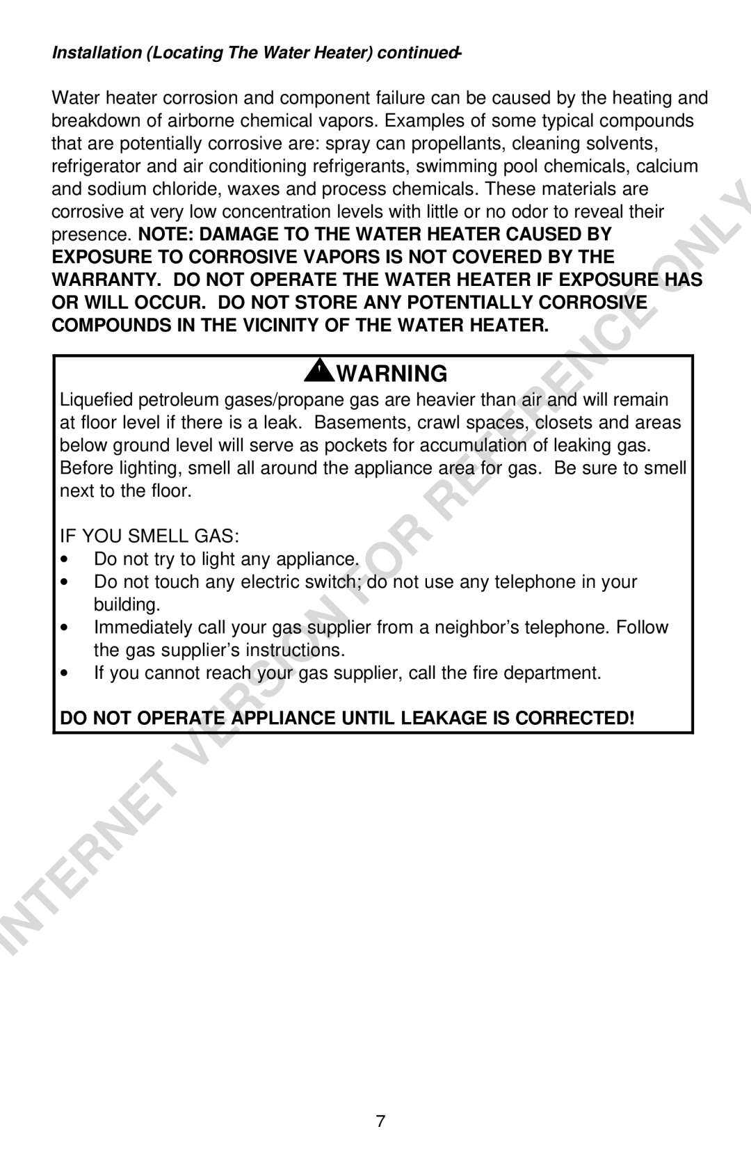 Bradford-White Corp Convection Heater instruction manual Do not Operate Appliance Until Leakage is Corrected 