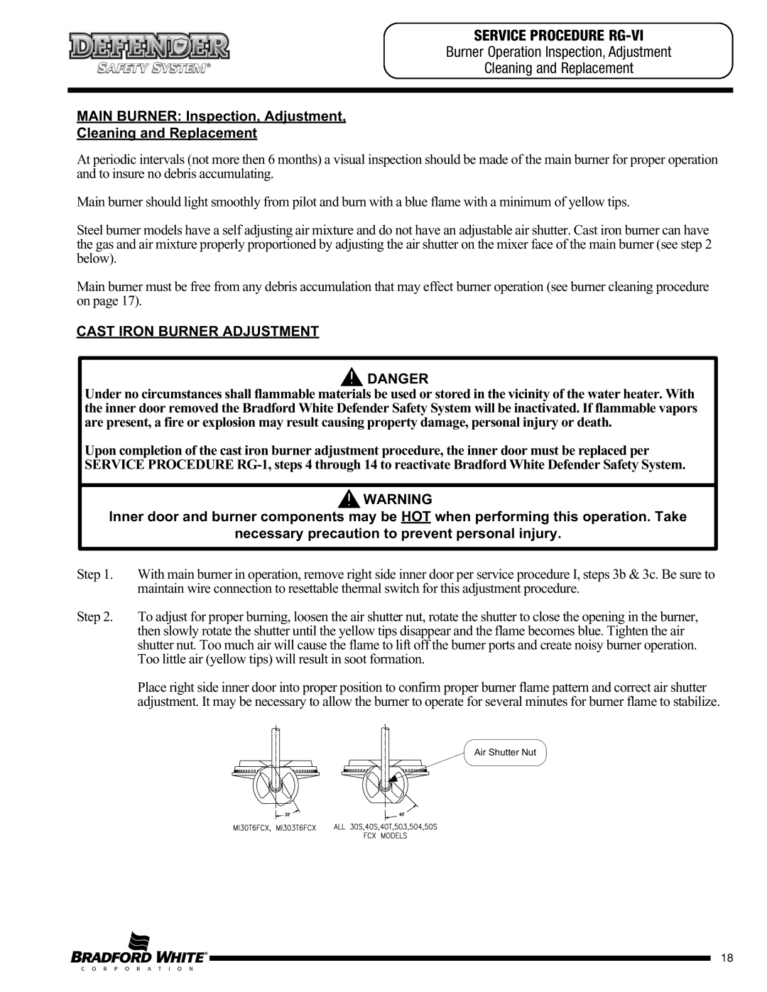 Bradford-White Corp M4403T, CX), MI50L Service Procedure RG-VI, Main Burner Inspection, Adjustment Cleaning and Replacement 