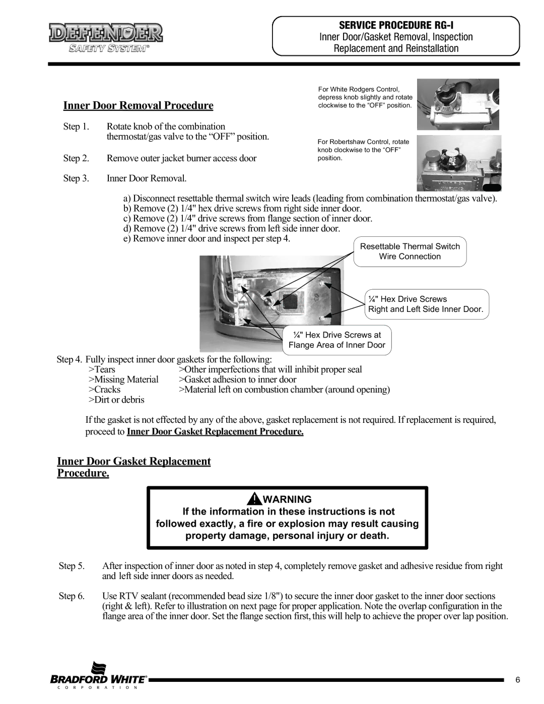 Bradford-White Corp MI40T, CX), M1XR403S*FCX Service Procedure RG-I, Proceed to Inner Door Gasket Replacement Procedure 