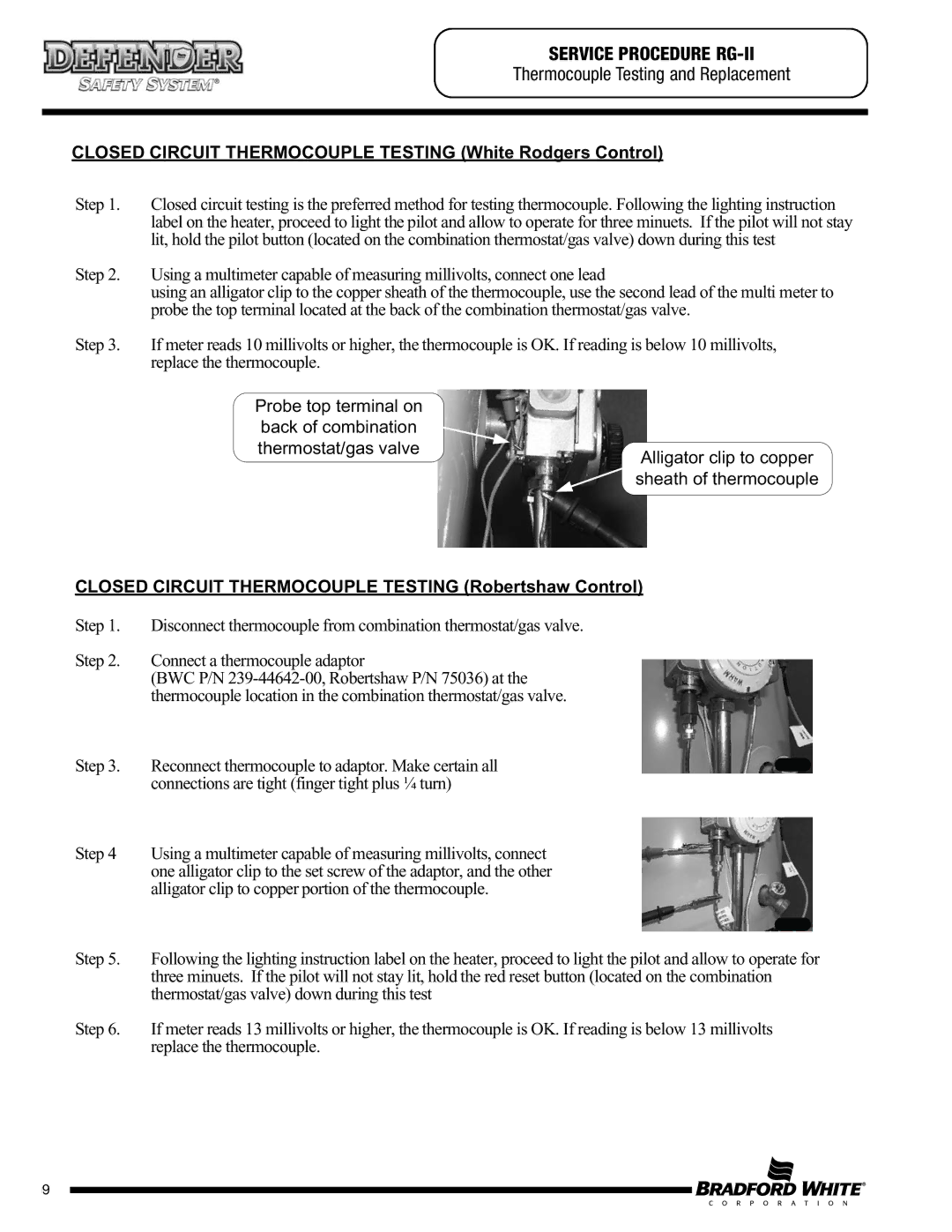 Bradford-White Corp M430T, CX), M1XR403S*FCX, MI50L, MI504S Service Procedure RG-II, Thermocouple Testing and Replacement 