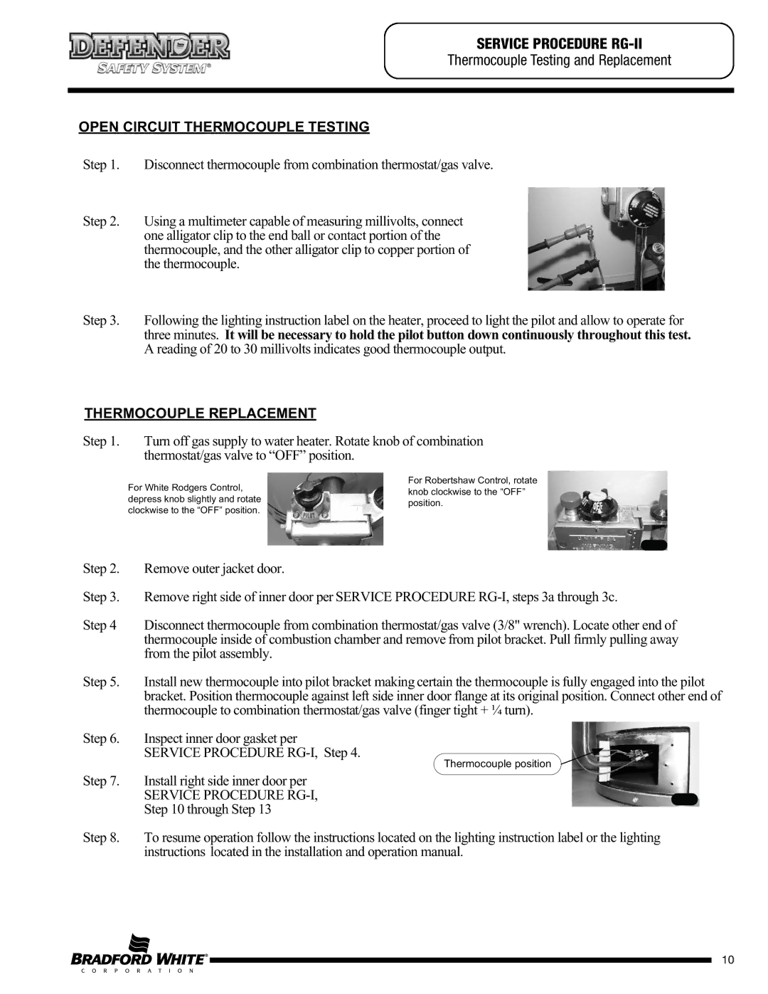 Bradford-White Corp M2XR504T, CX), M1XR403S*FCX, MI50L, MI504S Open Circuit Thermocouple Testing, Thermocouple Replacement 