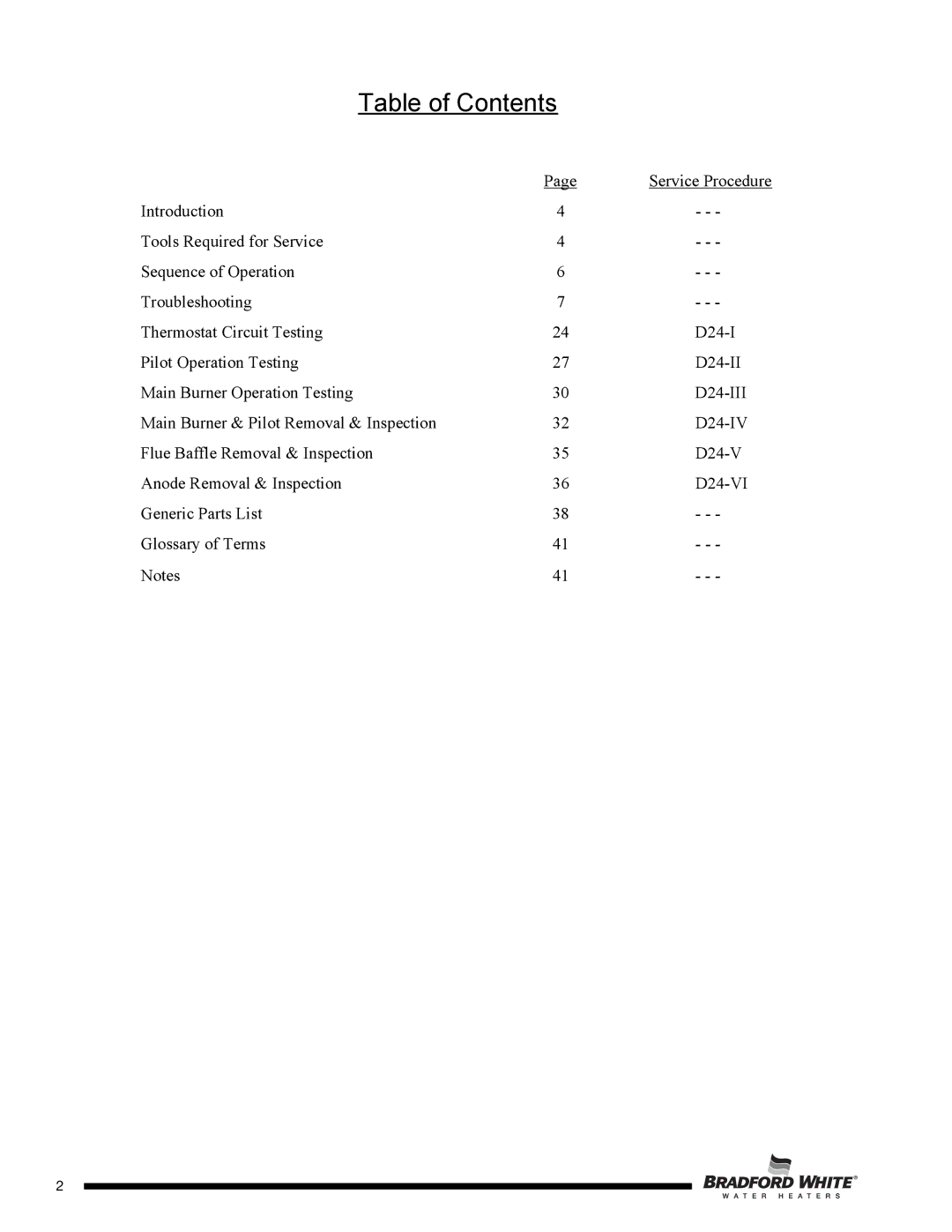 Bradford-White Corp D-38T-155 service manual Table of Contents 