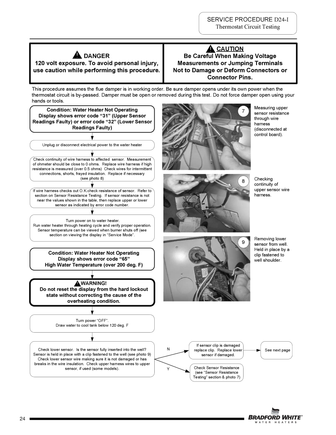 Bradford-White Corp D-38T-155 Service Procedure D24-I, Thermostat Circuit Testing, State without correcting the cause 