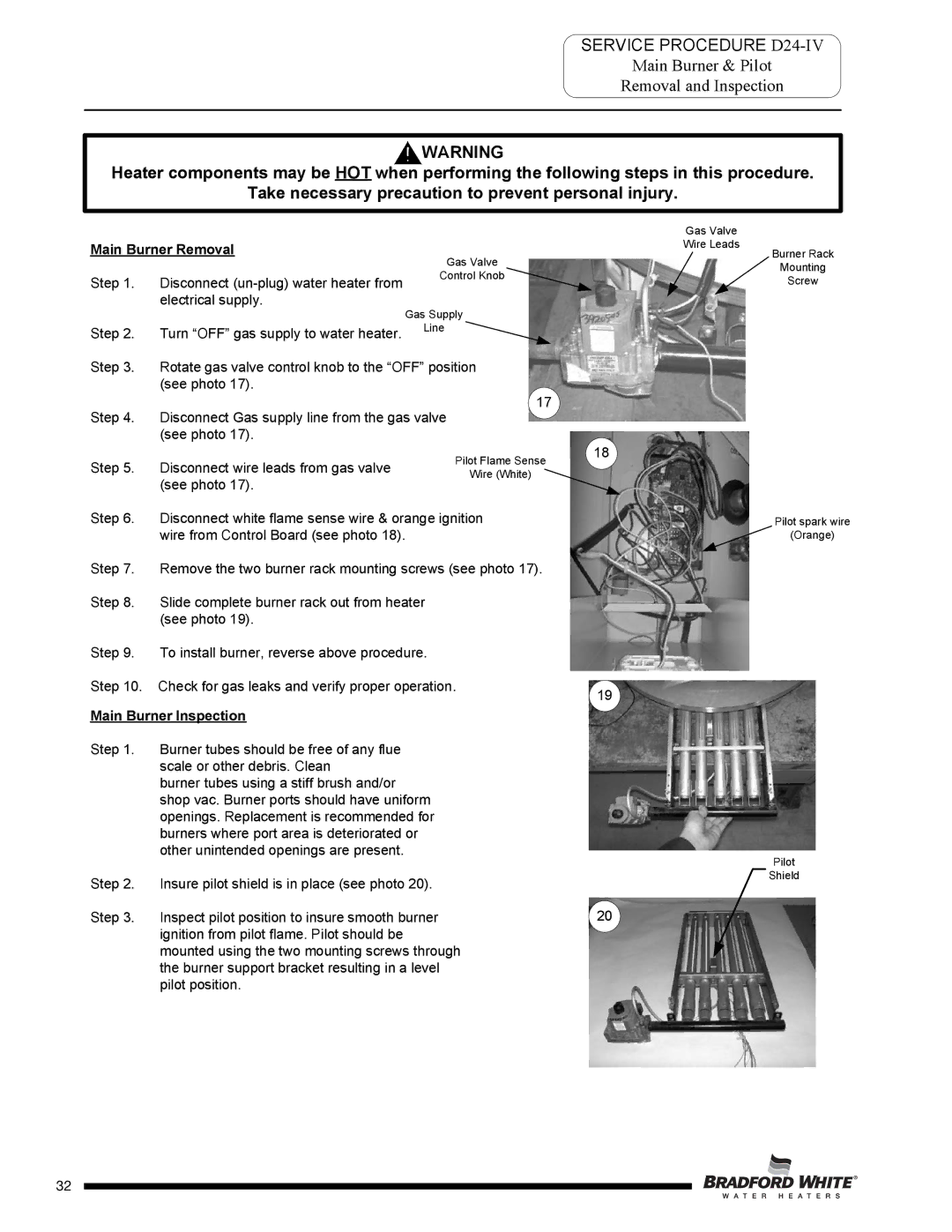 Bradford-White Corp D-38T-155 Service Procedure D24-IV, Main Burner & Pilot Removal and Inspection, Main Burner Removal 