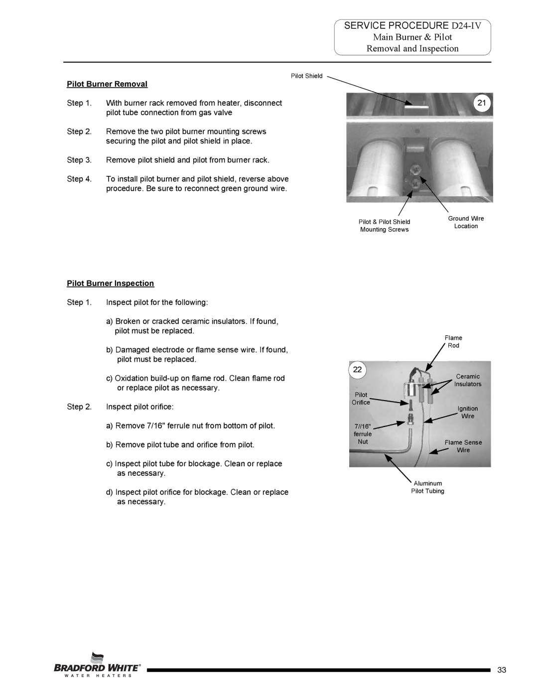 Bradford-White Corp D-38T-155 service manual Pilot Burner Removal, Pilot Burner Inspection, Flame Rod, Ferrule Nut 