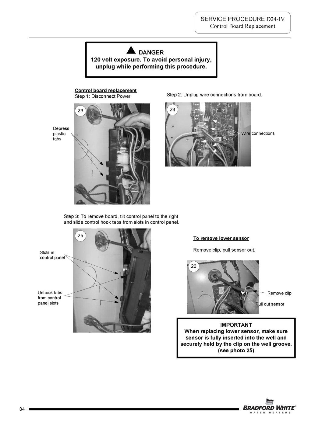 Bradford-White Corp D-38T-155 service manual Control Board Replacement, Control board replacement, To remove lower sensor 