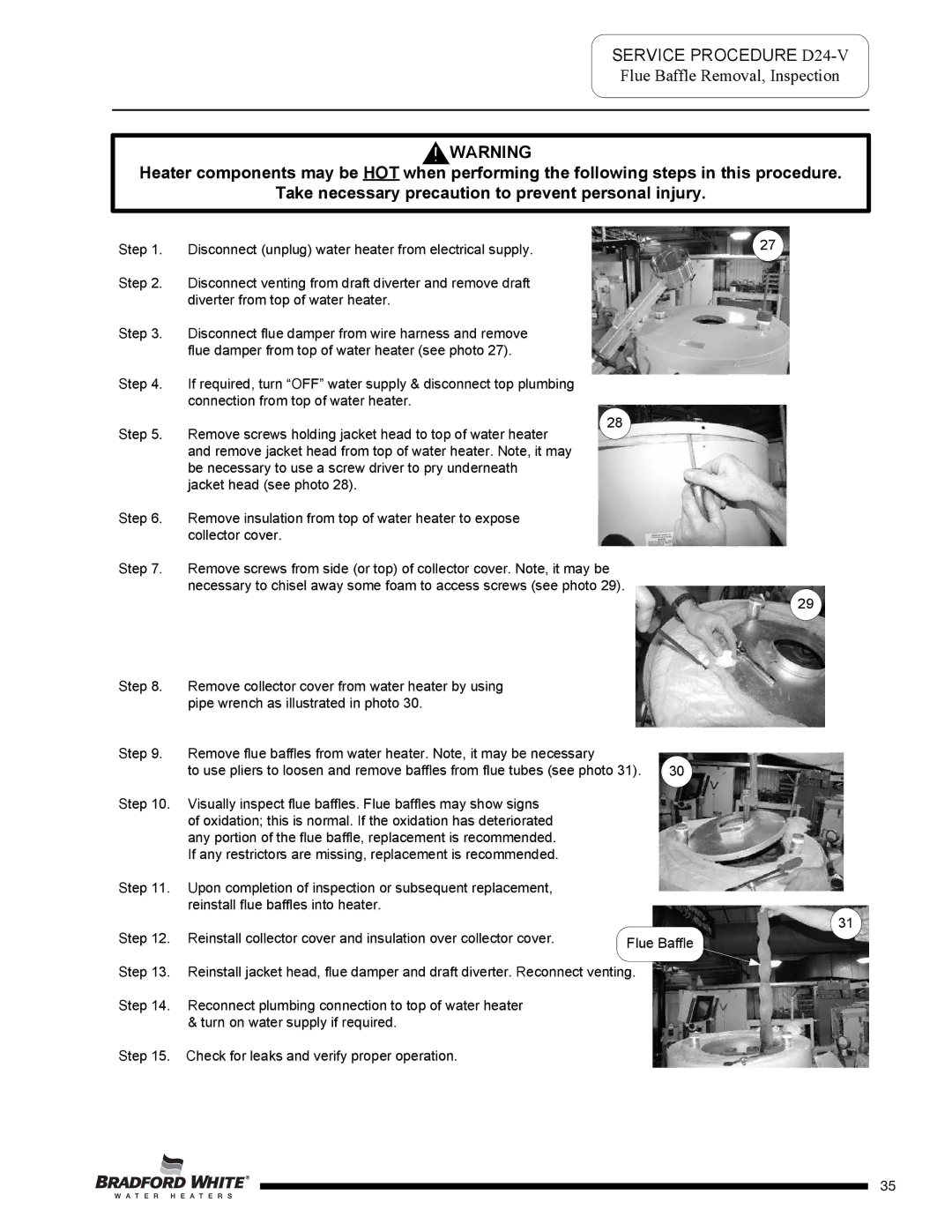 Bradford-White Corp D-38T-155 service manual Service Procedure D24-V, Flue Baffle Removal, Inspection 