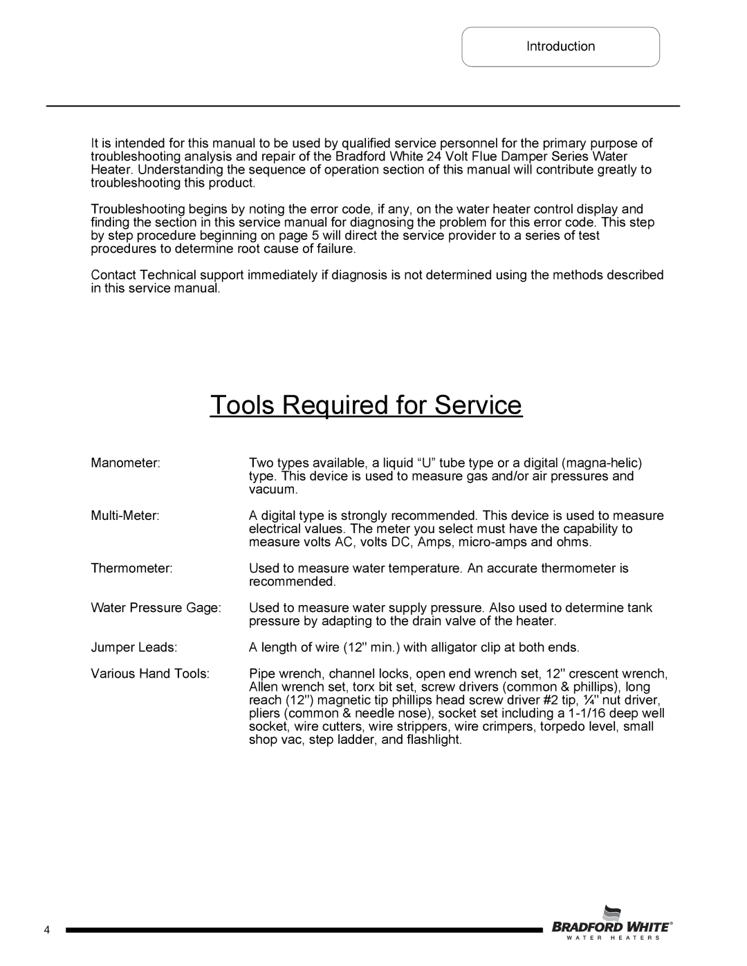 Bradford-White Corp D-38T-155 service manual Tools Required for Service 