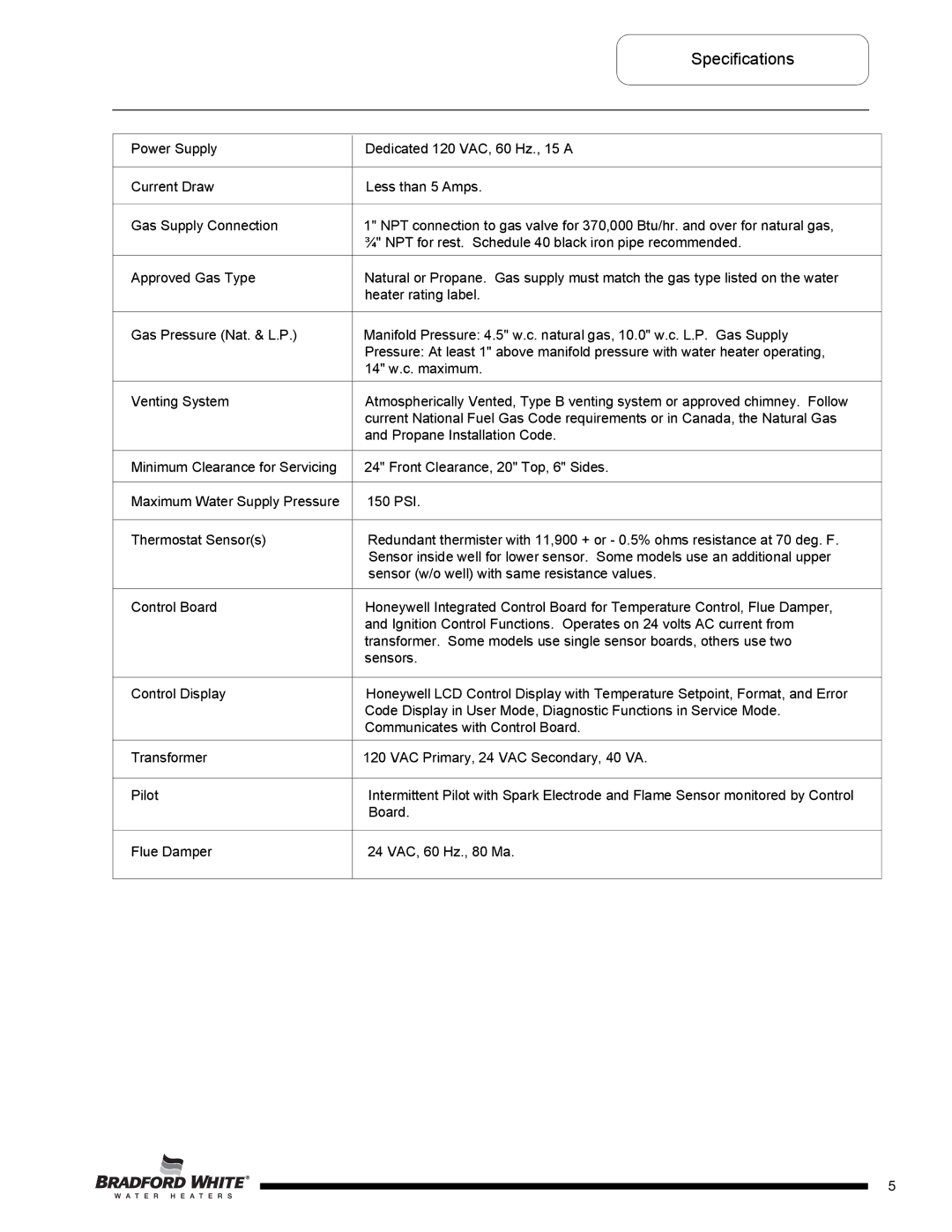 Bradford-White Corp D-38T-155 service manual Specifications 