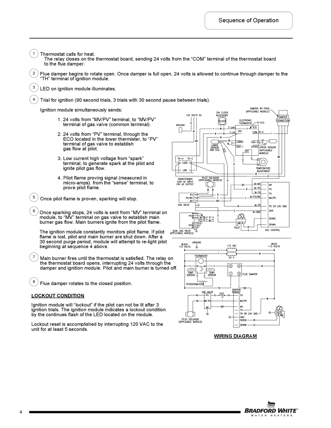 Bradford-White Corp D38T155, Commerical 24 Volt Flue Damper series Water Heater Sequence of Operation, Lockout Condition 