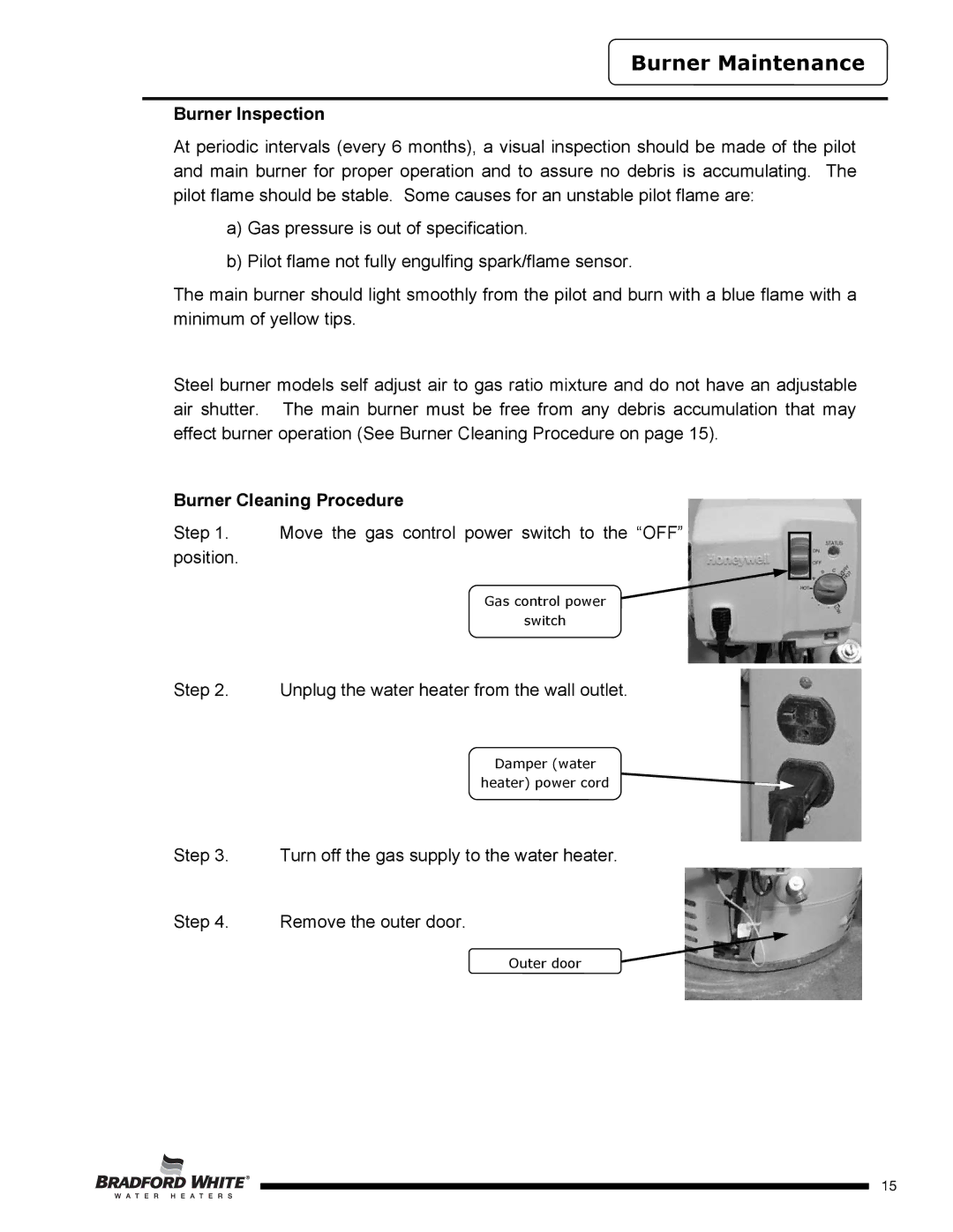 Bradford-White Corp D4504S*F(BN, D4403S*F(BN, SX) Burner Maintenance, Burner Inspection, Burner Cleaning Procedure 