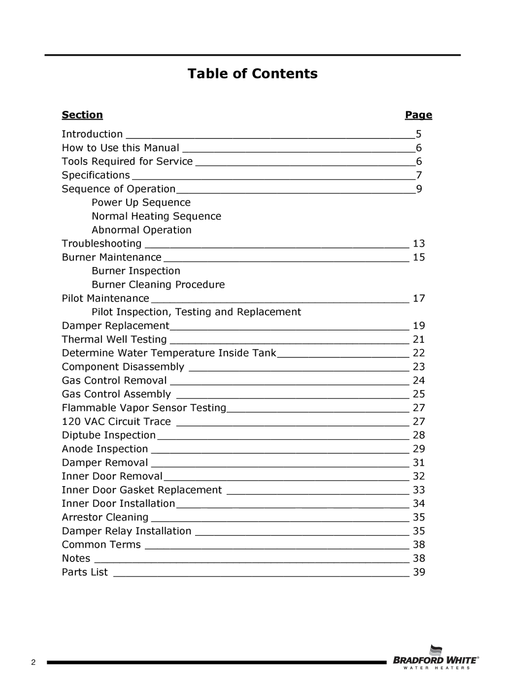 Bradford-White Corp SX), D4504S*F(BN, D4403S*F(BN service manual Table of Contents 