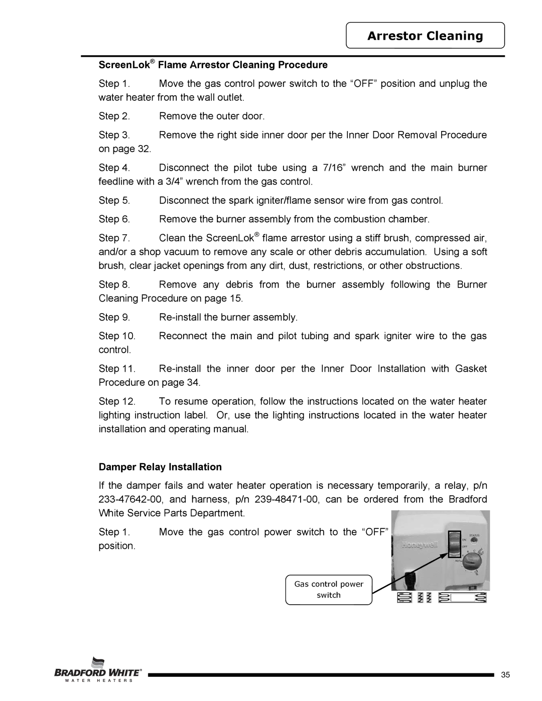 Bradford-White Corp SX), D4504S*F(BN ScreenLok Flame Arrestor Cleaning Procedure, Damper Relay Installation 